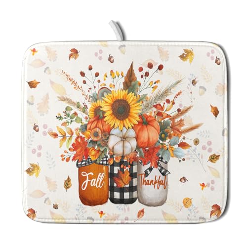 Autumn Pumpkin Dish Drying Mat 16x18 Inch Sunflower Flower Vase Washable Draining Mat with Hanging Loop Seasonal Holiday Home Decoration - color: Pumpkin Vase, size: 16" x 18"