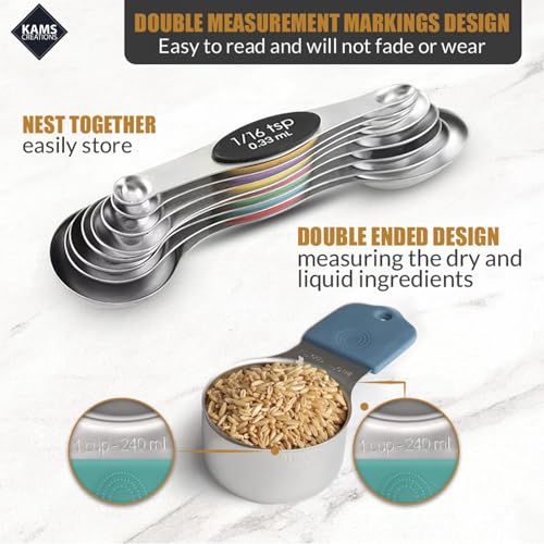 Stainless Steel Magnetic Measuring Spoons Set & Cups 16PCS - Double Sided Measuring Spoons, Stackable Measuring Spoons & Cups with Leveler - Premium Metal Measuring Spoons