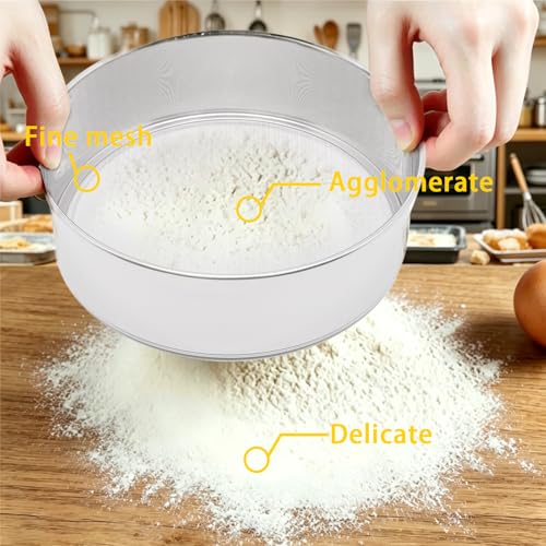 Flour Sifter for Baking 2 Pack, Round Flour Sifter Stainless Steel 6 Inch 60 Mesh and 8 Inch 60 Mesh Sieve Fine Meshs Flours Sieve Set for Baking Cake Bread Pastries - size: 6in & 8in 60 Mesh