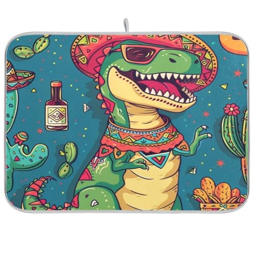 Blue Dinosaur Cactus Fiesta Dish Drying Mat for Kitchen Counter Drainer Rack Mats for Dishes Washable Absorbent Draining Heat Resistant Pad for Countertop 18x24 - color: Blue Dinosaur Cactus, size: 18'' x 24''