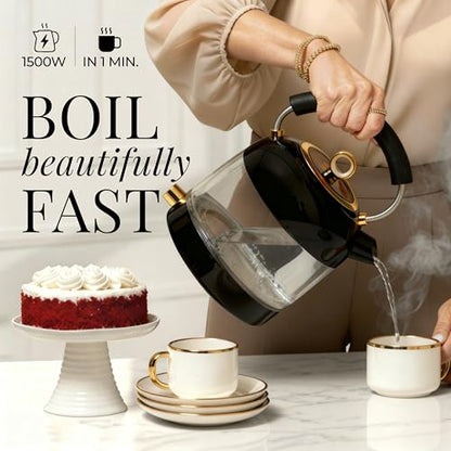 Glass Electric Kettle No Plastic, Stainless Steel, Auto Shut Off and Keep Warm Function - Black and Gold Tea Kettle with Temperature Control – 1500W Fast Hot Water Boiler for Coffee and Tea - color: Black