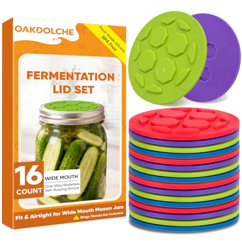 16PCS Silicone Fermentation Lids for Wide Mouth Mason Jars | One-Way Airlock Valve, Self-Burping for Sauerkraut, Sourdough Starter & Probiotics (Patented) - size: 16 PCS