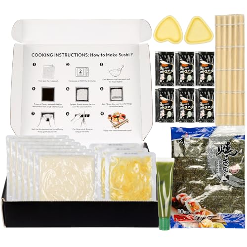 YUHO DIY Sushi Ingredients Kit with Rolling Mat Foods Making Kit Rice Ginger Seaweed Nori Wasabi Soy Sauce with Molds