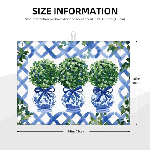 Topiary Chinoiserie Ginger Jar Dish Drying Mat For Kitchen Counter Microfiber Absorbent Dish Draining Reusable Washable Extra Large 18"X24"