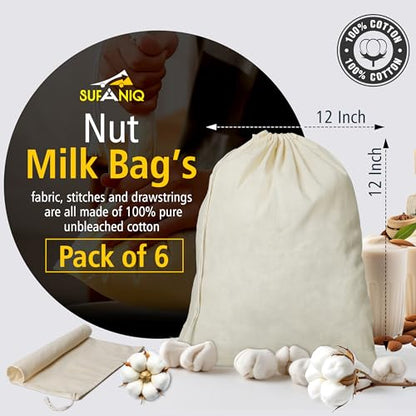 SUFANIQ Nut Milk Bag - 6 Bags (12 x 12 Inch) 100% Unbleached Cotton Cheese Cloth Bag for Straining, Premium Nut Milk Bag Reusable, Nut Bag Strainer for Almond, Soy, Oat Milk, Juices, Cheese Making - size: 12x12 / 6 pieces