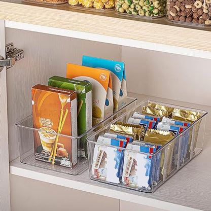 Vtopmart 8 Pack Food Storage Organizer Bins, Clear Plastic Bins for Pantry, Kitchen, Fridge, Cabinet Organization and Storage, 4 Compartment Holder for Packets, Snacks, Pouches, Spice Packets - style: 8pack
