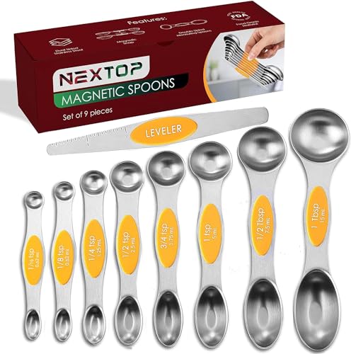 Magnetic Measuring Spoons Set of 9 Stainless Steel Dual-Sided Stackable Measuring Spoon Nesting Teaspoons Measuring Dry and Liquid Ingredients, Fits in Spice Jars Set of 9 (Orange) - color: Orange