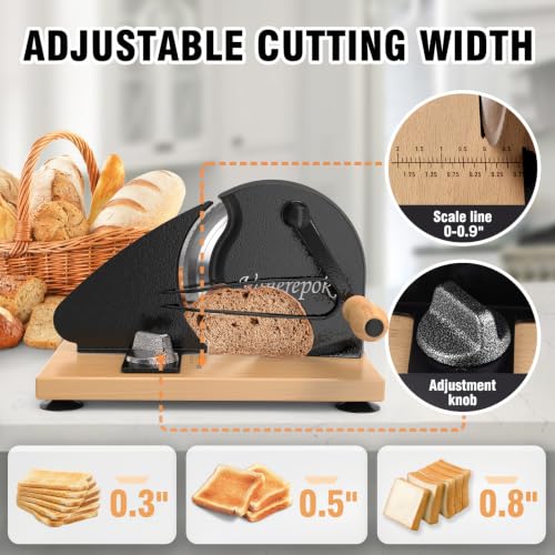 vanerepok Manual Bread Slicer Adjustable Thickness for Homemade Sourdough | Hand Crank Bread Cutter with Scale & Stable Suction Cups & Wood Base for Even Slicing Perfect Baking Gift for Home Bakers - color: Deep Black