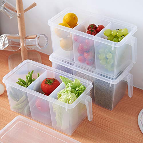 2 Pack Plastic Divided Veggie Storage Containers with Lids and Handles for Fridge Storage Organizer Boxes for Refrigerator Produce Beans Fruits Organzation - style: 2Pack with 6 dividers