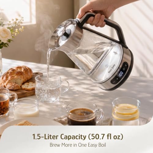 Hazel Quinn Glass And Stainless Steel Electric Kettle, 1.5 Liters Tea Kettle And Hot Water Kettle, BPA-Free, ±1°C Temp Control, 24H Keep Warm, 1000W Fast Quiet Boil, Anti-Residue Bottom, Auto Shut-Off