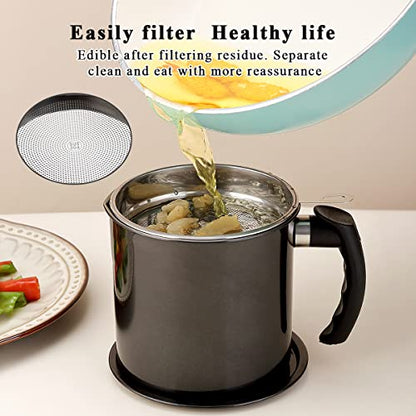 Kyraton Black Bacon Grease Container With Strainer, 48 oz Black Coating Stainless Steel Oil Container, Pot Fat Storage With Lid, Easy Grip Handle Suitable For Storing Frying Oil And Cooking Grease - color: 2. Black