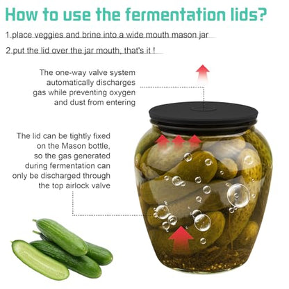Wide Mouth Mason Jar Fermentation Lids – Silicone Fermenting Caps with Waterless Airlock, Self-Burping Fermenter Tops for Pickles, Kimchi, and Probiotic Foods, 3 Pack Black (Jars Not Included) - color: Black