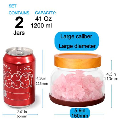 SAIOOL 2-Pack Striped Borosilicate Glass Airtight Canisters - Big mouth Large Capacity, Acacia Wood Lid, Food Storage Jars for Flour, Pasta, Pantry Organization (1200ml Gallon （Strew 2 pack）) - size: 0.32 Gallon (Strew 2 pack)