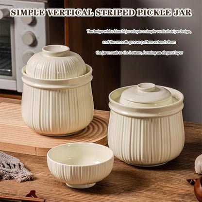 Simple Vertical Striped Kimchi Jar, Water Seal Design Pickling Crock, Thickened Ceramic Fermentation Jar, Grain Storage Vessel