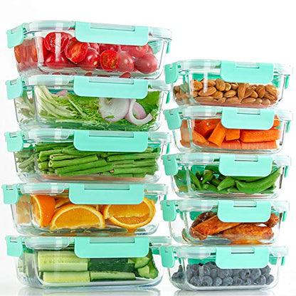 C CREST [10-Pack] Glass Food Storage Containers with Lids, Airtight, BPA Free, Meal Prep Containers for Kitchen, Home Use - color: Light Green