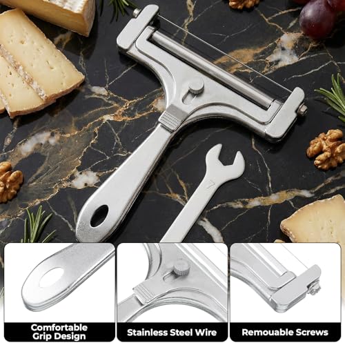 TIESOME Cheese Cutter, Stainless Steel Handheld Wire Cheese Slicer with 4 Extra Wires & Wrench Adjustable Butter Block Cutter Cheese Slicers for Block Cheese Mozzarella Cheddar Gruyere(Frosted)