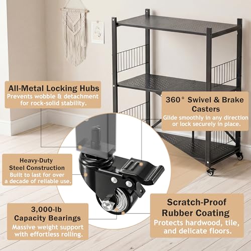 Folding Storage Shelves No Assembly, 3 Tier Metal Foldable Shelves with Wheels, Collapsible Rolling Storage Rack for Laundry Room Garage Small Spaces, Black - color: Black/3-tier