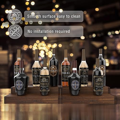 TONGMO 2 Pack Liquor Bottle Stand - 2 Tier Liquor Bar Bottle Display Shelf, Holds 16Bottles, Real Wood, Easy to Clean, No Installation Required - 15.8 Inch Each (Dark Walnut)