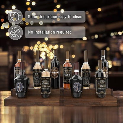 TONGMO 2 Pack Liquor Bottle Stand - 2 Tier Liquor Bar Bottle Display Shelf, Holds 16Bottles, Real Wood, Easy to Clean, No Installation Required - 15.8 Inch Each (Dark Walnut)