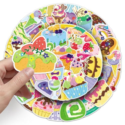 50PCS Cute Dessert Candy Stickers Cakes and Desserts Children and Teenagers Notebook Water Bottle Skateboard Luggage Helmet Diary Waterproof Vinyl Aesthetic Party Rewards Stickers (Colourful) - color: Colourful