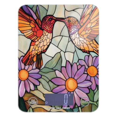 Brown Hummingbirds Purple Daisy Stained Glass Food Scale Kitchen Digital Scale Food Ounces and Grams Dieting Baking Cooking Waterproof Glass Panels LCD Display,4 Units Tare Function - color: brown humming birds purple daisy stained glass