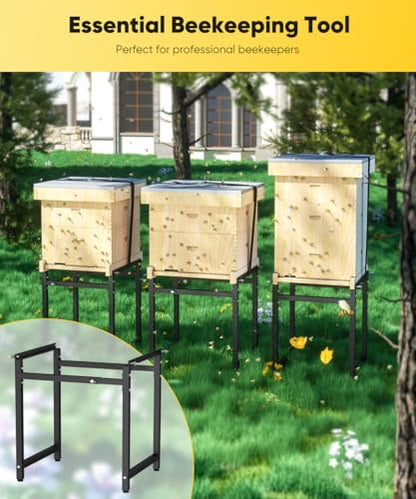Mondazie Adjustable Metal Bee Hive Stand with 120-Inches Strap for 8 & 10 Frame Beehives Box, 12 to 19 Inches Width Beehive Frame Holder , Heavy Duty Flow Hives Stands Base for Beekeeping, Black - color: Black - Standard