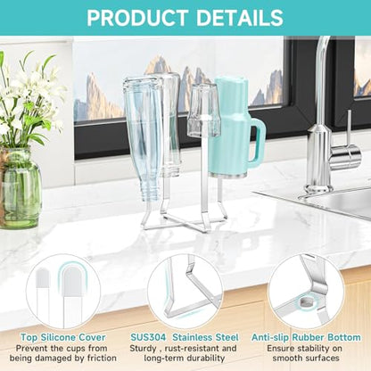 Bottle Drying Rack Reusable Drying Rack for Bottles Metal Foldable Water Bottle Dryer Holder Space Saving Cups Dryer Racks Kitchen Stand Holder for Plastic Bags, Bottles and Cups (Silver, 1PC)