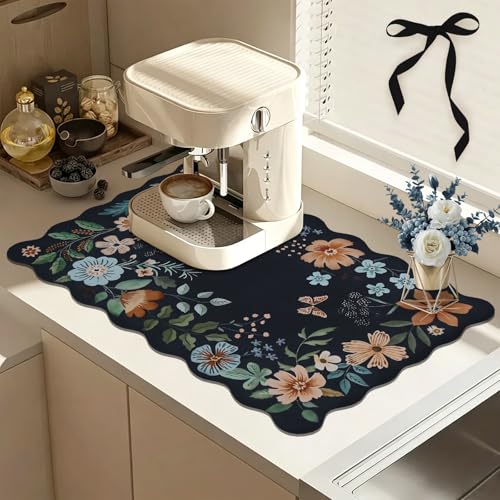 Scalloped Bohemian Coffee Bar Mat Dish Drying Mats for Kitchen Counter, Kitchen Decor,(12"x19", Black) - color: Black, size: 19" x 12"