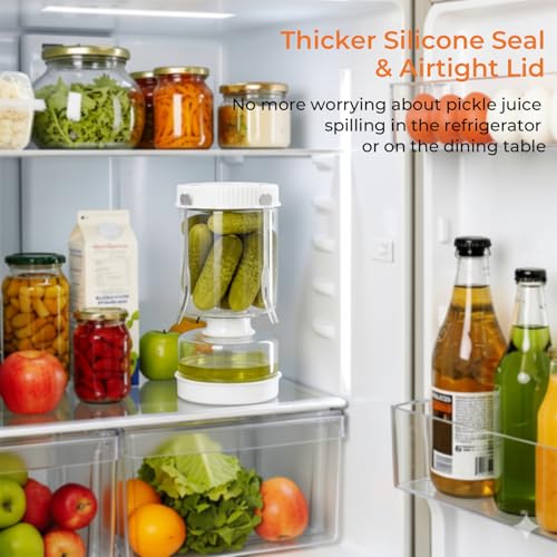 Pickle Jar with Strainer Flip, Pickle Container with Strainer with Two Forks, Airtight Glass Pickle Jar for Fermentation, Olive Jar with Date Tracker Lid, Jalapeno Container with Gas Port (White) - color: White