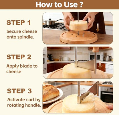 Cheese Curler Wheel for Tête de Moine & Chocolate - Swiss Style Girolle Cheese Shaver with Sharp Stainless Steel Blade and Solid Wood Base, Rotary Slicer for Charcuterie Boards, Parties & Gifts