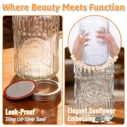 64oz Glass Wide Mouth Mason Jars, 3 Pack with Sunflower Pattern | Large Half Gallon Mason Jars with Airtight Lids & Bands for Pantry, Canning, Fermenting & Pickling or Storing - color: Clear-64oz-3pcs-01