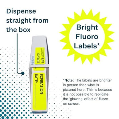 Expiration Date Stickers for Food, Medical & Lab Use - 800 Fluoro Yellow Write-on Small Labels (12mm x 40mm / 0.5" x 1.5") in Dispense Box. Strong Latex-Free Adhesive & Indirect Food/Medical Safe Ink - style: Expiration Date