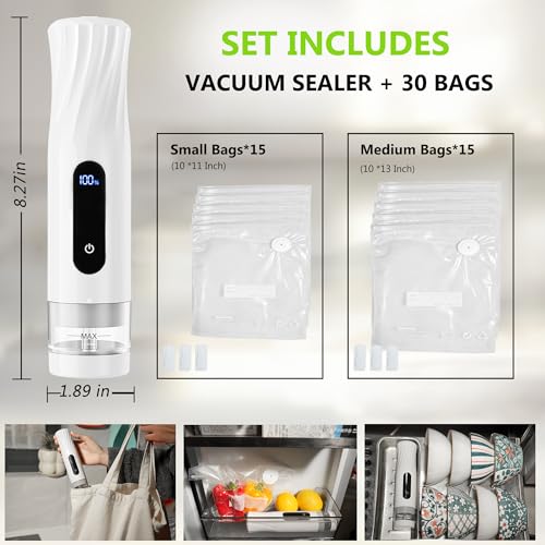 Compact Vacuum Sealer for Food Storage: Portable Handheld Food Sealer, 80kPa Suction, 1800mAh Battery, 30 Reusable Vacuum Bags, Preserve 5X Freshness with Easy Operation - size: Vacuum Sealer + 30 Bags