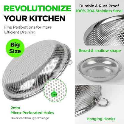 Premium 18/8 304 Stainless Steel Large Colander Set of 3, Comfortable Micro-Perforated Shallow Strainers, 5.5-7-10 Quart Tray Set, Self-Draining Solid Base for Pasta, Fruits, Vegetables - size: 5.5+7+10QT Colander