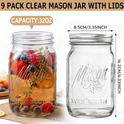 SUT Wide Mouth Mason Jars 32 oz,9 Pack Quart Mason Jars With Airtight lids and Bands,Clear Canning Jars 32 oz for Preserving,Meal Prep,Overnight Oats,Fermenting, Pickling - color: Clear