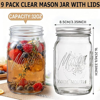 SUT Wide Mouth Mason Jars 32 oz,9 Pack Quart Mason Jars With Airtight lids and Bands,Clear Canning Jars 32 oz for Preserving,Meal Prep,Overnight Oats,Fermenting, Pickling - color: Clear