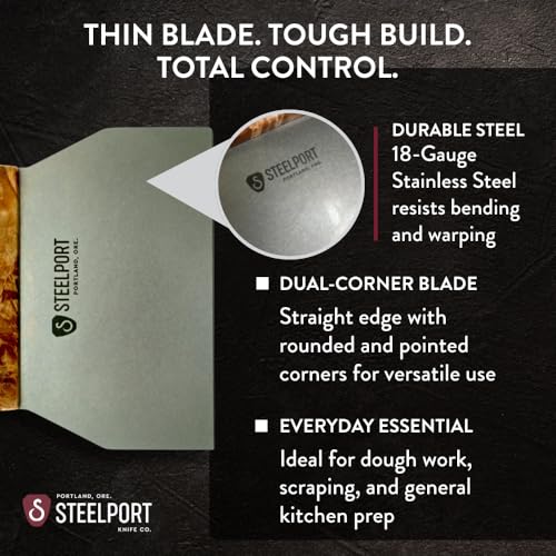 Steelport Bench Scraper | USA Made Dual Edge Stainless Steel Dough Cutter | 18-Gauge Steel Blade, Tapered Maple Burl Handle | Kitchen Gadgets for Bakers, Professionals, Home Cooks | Gift for Bakers