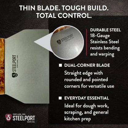 Steelport Bench Scraper | USA Made Dual Edge Stainless Steel Dough Cutter | 18-Gauge Steel Blade, Tapered Maple Burl Handle | Kitchen Gadgets for Bakers, Professionals, Home Cooks | Gift for Bakers