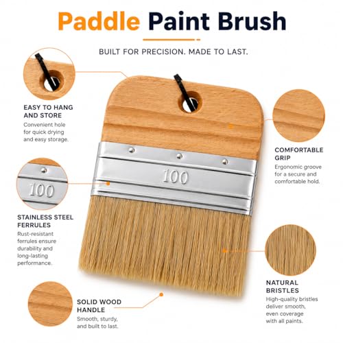 4 Inch Flat Paddle Paint Brush, Paint Brush with Short Wooden Handle, Natural Bristle Brush, Wide Paintbrush for Stains, Varnishes, Wall Painting, Furniture Refinishing & DIY Craft Projects - size: 4 Inch Paddle Paint Brush