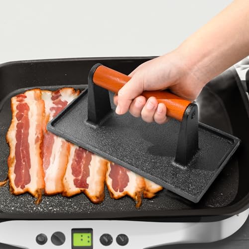vivicreate 8.5 inch Rectangle & 7 inch Round Smash Burger Hamburger Smasher Patty Maker cast Iron Grill Weight Bacon Press Wood Handle prensa de hamburguesas prensa de Hierro fundido - size: 7 INCH