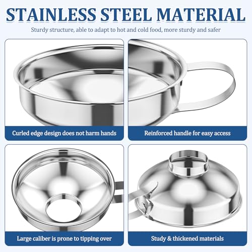 Canning Funnel w Strainer, Wide Mouth Funnels w Handle, Stainless Steel Funnels for Kitchen Use, Filling Wide and Regular Mason Jars Bottles, Kitchen Gadgets Canning Supplies, 3 Pack (Small and Large)