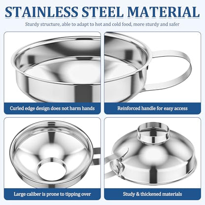 Canning Funnel w Strainer, Wide Mouth Funnels w Handle, Stainless Steel Funnels for Kitchen Use, Filling Wide and Regular Mason Jars Bottles, Kitchen Gadgets Canning Supplies, 3 Pack (Small and Large)