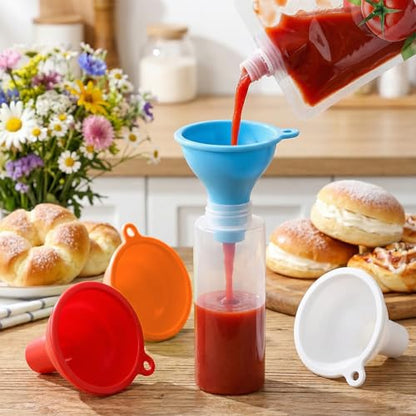 4 Pcs Small Funnels for Filling Water Bottles, Wide Mouth Kitchen Silicone Funnels Flexible Condiment Sauce Canning Funnel for Filling Oil Water Bottles Jars(Red, Blue, Orange, White)