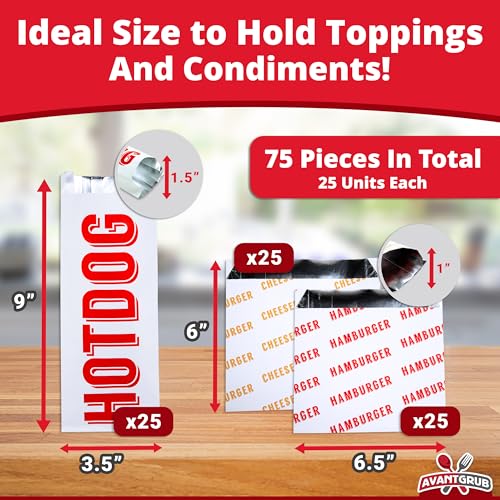 Retro, Grease-Proof Food Wrapper 75 Combo Pack. 25 Each Hamburger, Cheeseburger and Hot Dog Sturdy Bags. Heat Proof, Restaurant Grade, Allergen Friendly BBQ Foil Paper Supply for Themed Party Event