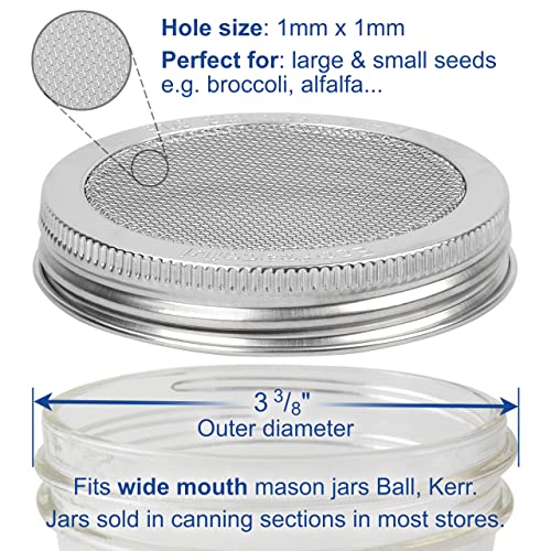 2 Pack ONE-PIECE 316 Surgical Stainless Steel Sprouting Lids for Wide Mouth Mason Jar (Ball Kerr) - One-Piece- Strainer Mesh Lids - Rust-Proof - size: 2 Count (For Wide Mouth Jars 3 3⁄8" Outer ∅)