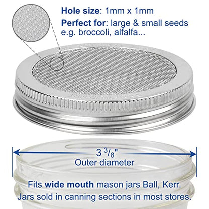 2 Pack ONE-PIECE 316 Surgical Stainless Steel Sprouting Lids for Wide Mouth Mason Jar (Ball Kerr) - One-Piece- Strainer Mesh Lids - Rust-Proof - size: 2 Count (For Wide Mouth Jars 3 3⁄8" Outer ∅)