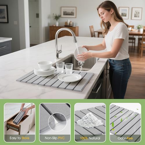 HABUTWAY Large Stone Dish Drying Mat for Kitchen Counter – 24"×16" Collapsible Diatomaceous Earth Mat, Ultra Absorbent & Quick Dry, Foldable Drying Pad for Dishes, Bottles, Cups (Light Grey) - color: LIGHT GREY