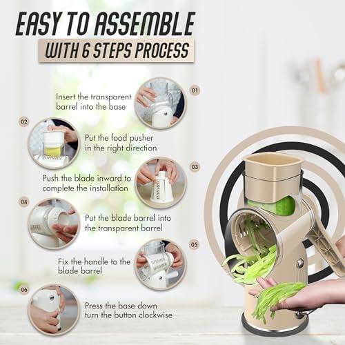Rotary Cheese Grater Hand Crank, 5 in 1 Vegetable Slicer, Manual Cheese Shredder with Stainless Steel Blades, Food Grater for Cheese Vegetables Nuts, Suction Base, Easy Clean, Beige - color: Beige