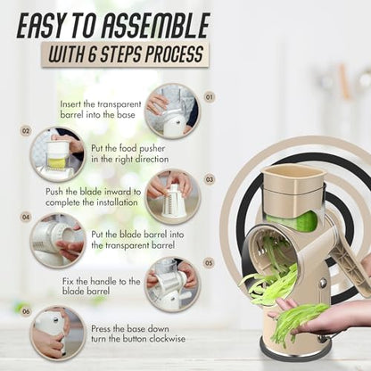 Rotary Cheese Grater Hand Crank, 5 in 1 Vegetable Slicer, Manual Cheese Shredder with Stainless Steel Blades, Food Grater for Cheese Vegetables Nuts, Suction Base, Easy Clean, Beige - color: Beige