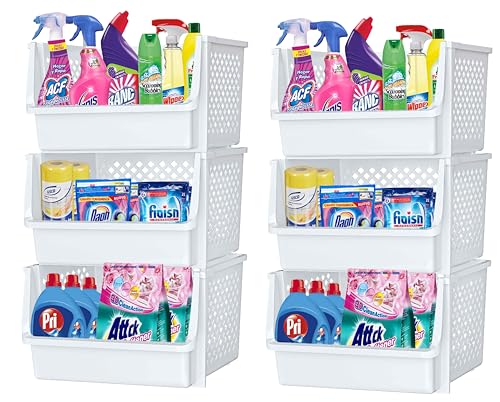 XLarge Stackable Storage Bins Open Front for Pantry Storage, 6 Pack - White | Sturdy Plastic, Easy Stacking, Open Front Access, Ventilated Sides, Vertical & Space Saving Pantry Organizers and Storage Bin - color: White, size: 6 Pack